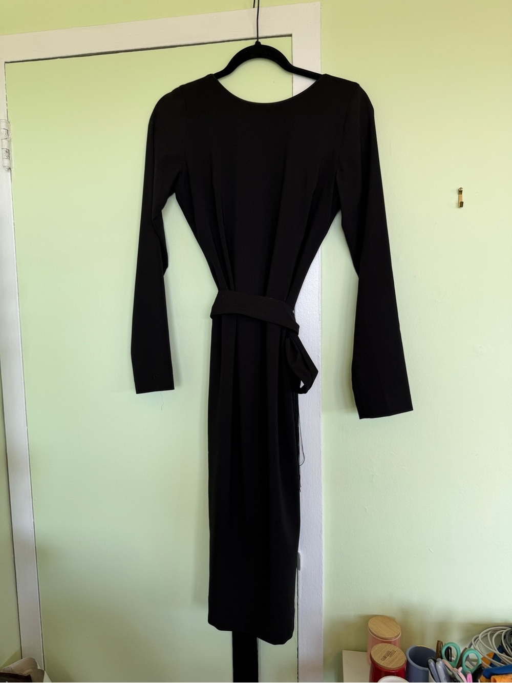 Dress the Population Black Long-Sleeve Midi Dress with Low Back and Fringe Belt